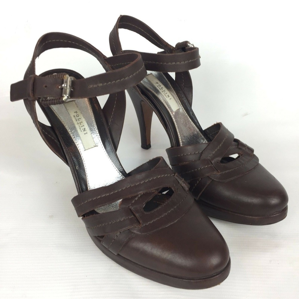 Pollini Heels Womens 7 Brown Leather Round Closed Toe Italy High EU 37 4in